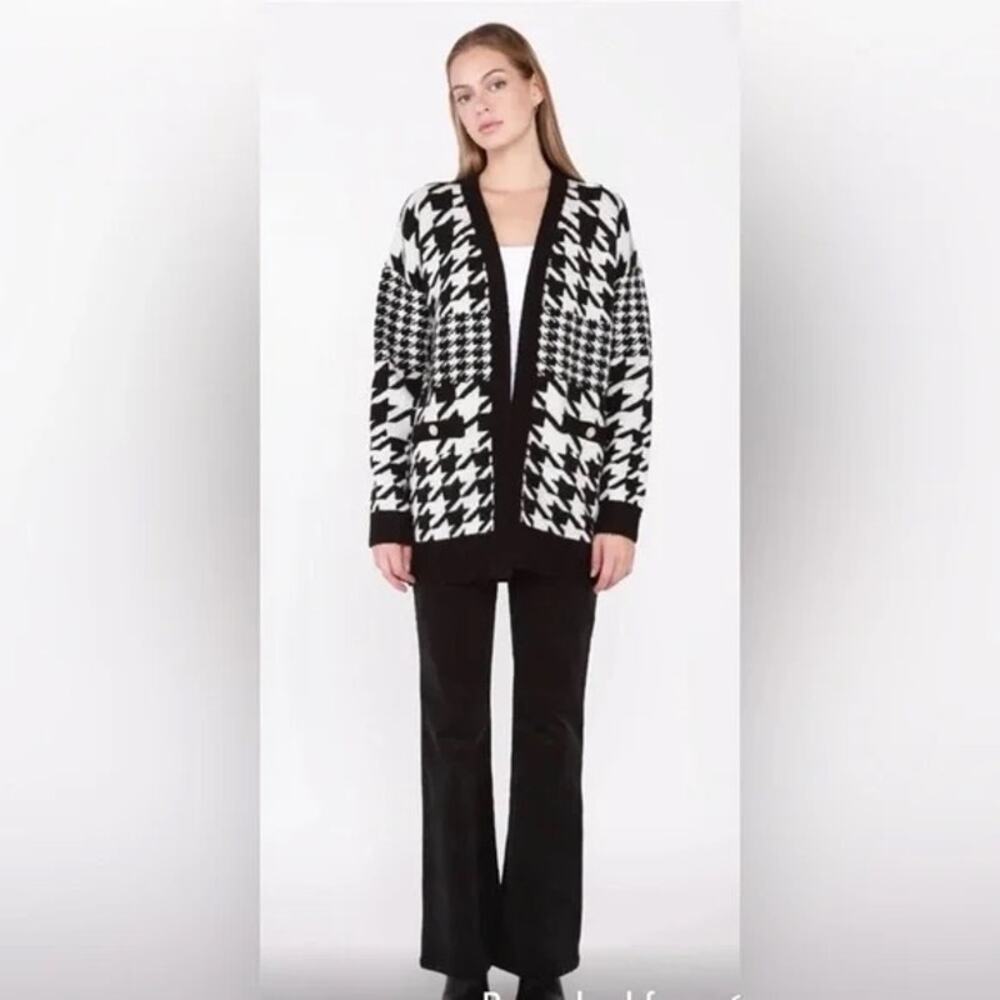 NEW Black Tape_ Dex White Black Houndstooth Open Front Cardigan Sz XS
